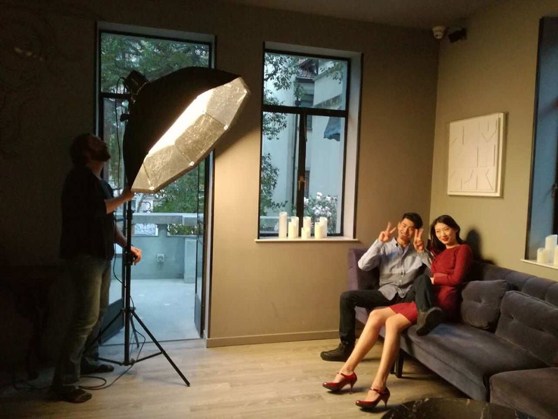 Behind the Scenes: Jeremy and Xiaohe posing for a fashion lifestyle editorial. Shanghai photo studio specialized in lifestyle photography.