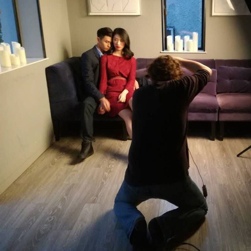 Behind the Scenes: Jeremy and Xiaohe posing for a fashion lifestyle editorial. Shanghai photo studio specialized in lifestyle photography.