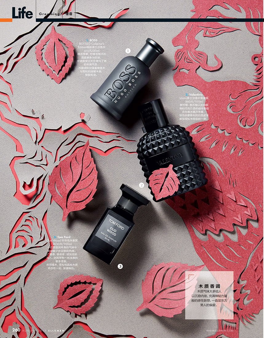 Men's cosmetics editorial campaign for ELLE Men Magazine, for the Grooming section. Still-life photography by Kore Studios, a photo studio based in Shanghai, China.